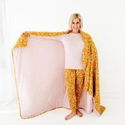 Golden Hour Quilted Adult Bamboo Blanket - Three Layer -DREAMIERE Store MustardFloraladultblanketmodelshots 2 016f8609 b090 494e a38b 15b0ab3bb789