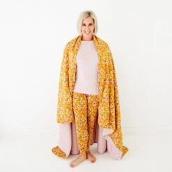 Golden Hour Quilted Adult Bamboo Blanket - Three Layer -DREAMIERE Store MustardFloraladultblanketmodelshots e78361e5 6528 4612 ac80 621bd2e86f8f