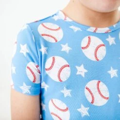 Stars And Strikes Short Sleeve And Shorts Two Piece Pajamas Set - Sky Blue -DREAMIERE Store skybluebaseballtwopiecejamms 5