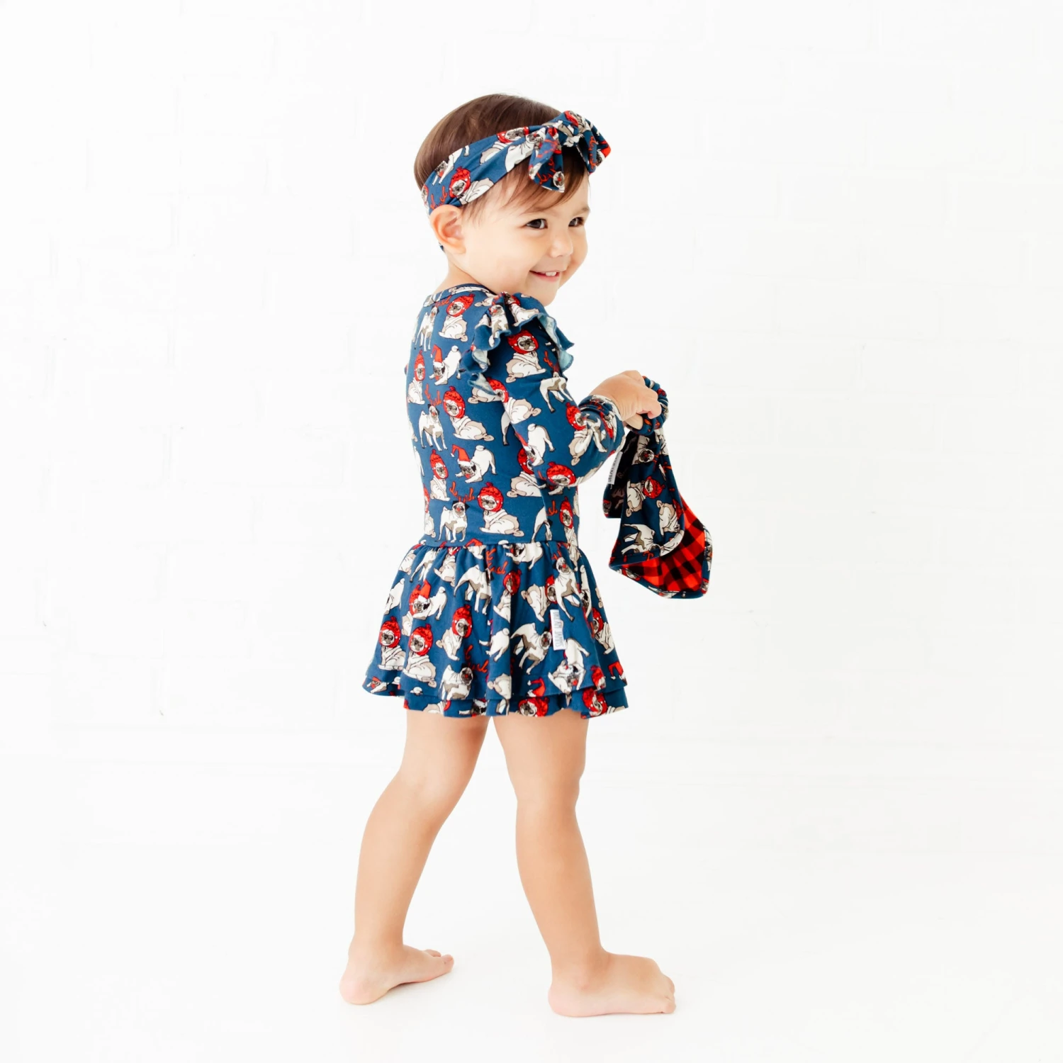 Bah Hum Pug Long Sleeve Ruffle Romper 3 Bah Hum Pug Long Sleeve Ruffle Romper